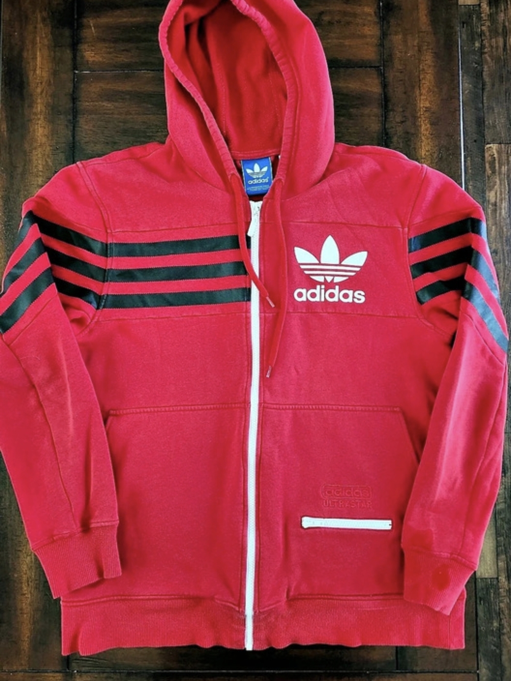 Red Adidas Ultra Star Striped Full-Zip Hoodie Medium